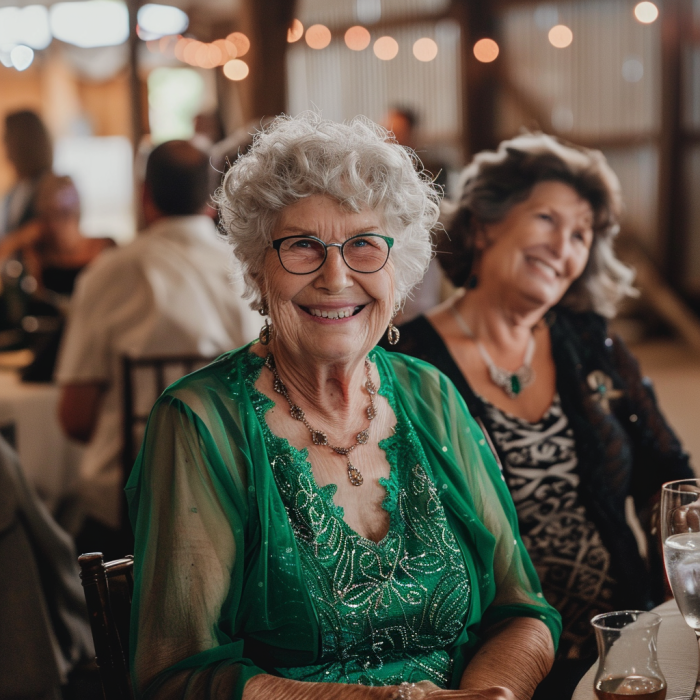 An elderly woman in an emerald green dress at a wedding | Source: Midjourney