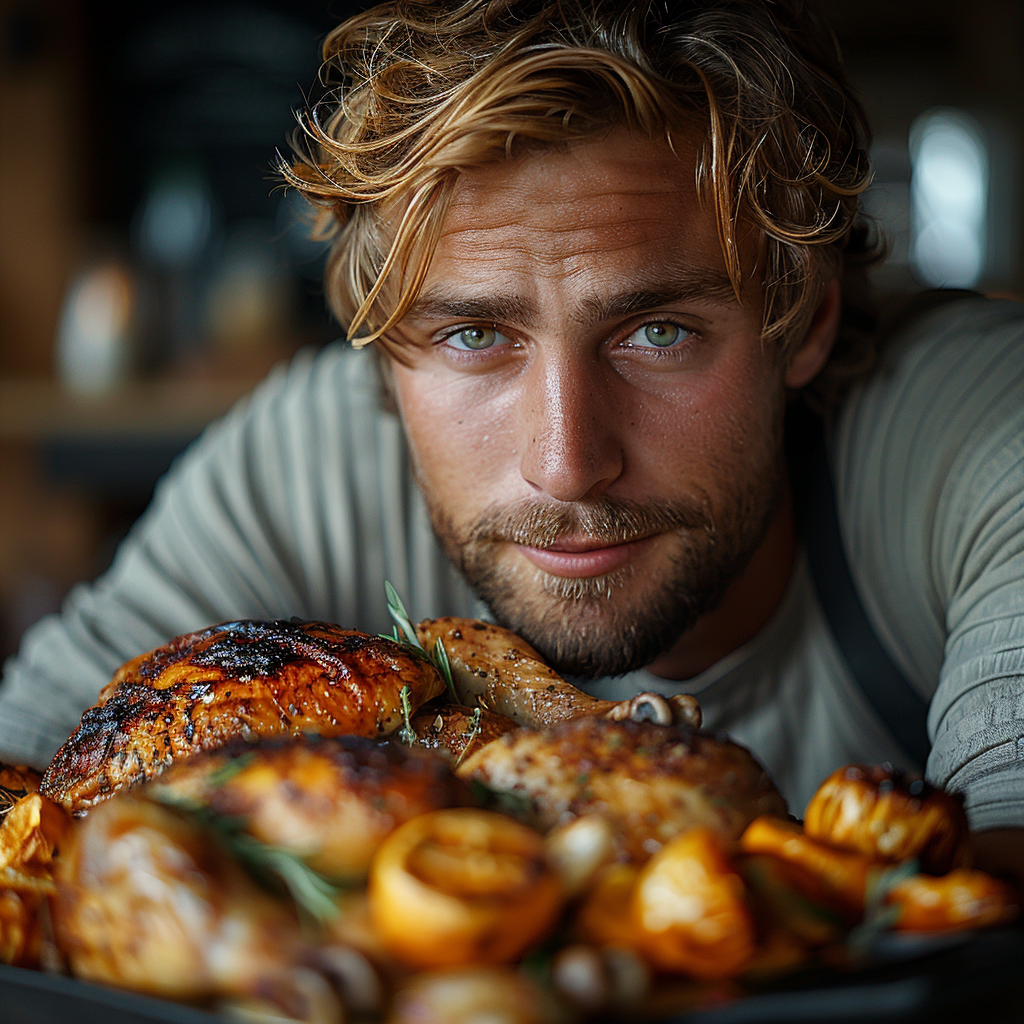 Exhausted but satisfied, Alex looks at his chicken | Source: Midjourney