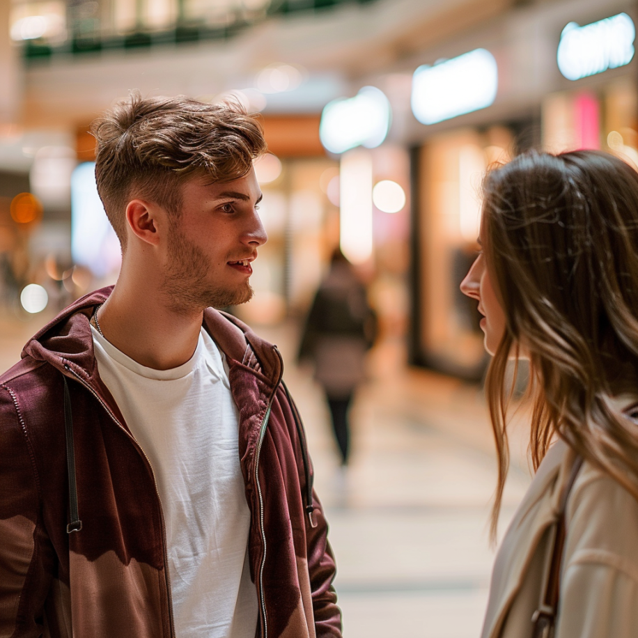 A man talking to a woman in a mall | Source: Midjourney