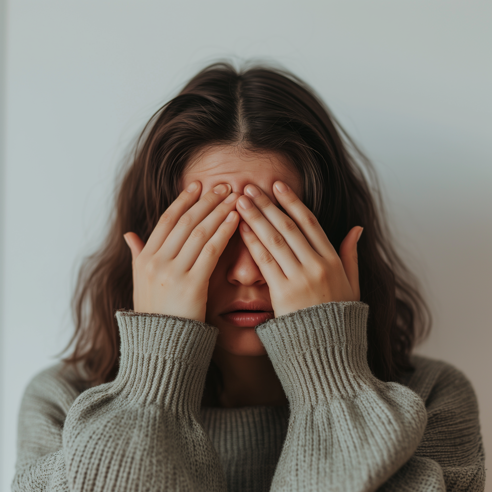 An embarrassed woman covering her eyes | Source: Midjourney