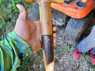 Wood handle metal like cover towards the bottom like spike found in a shed in a house we just bought.